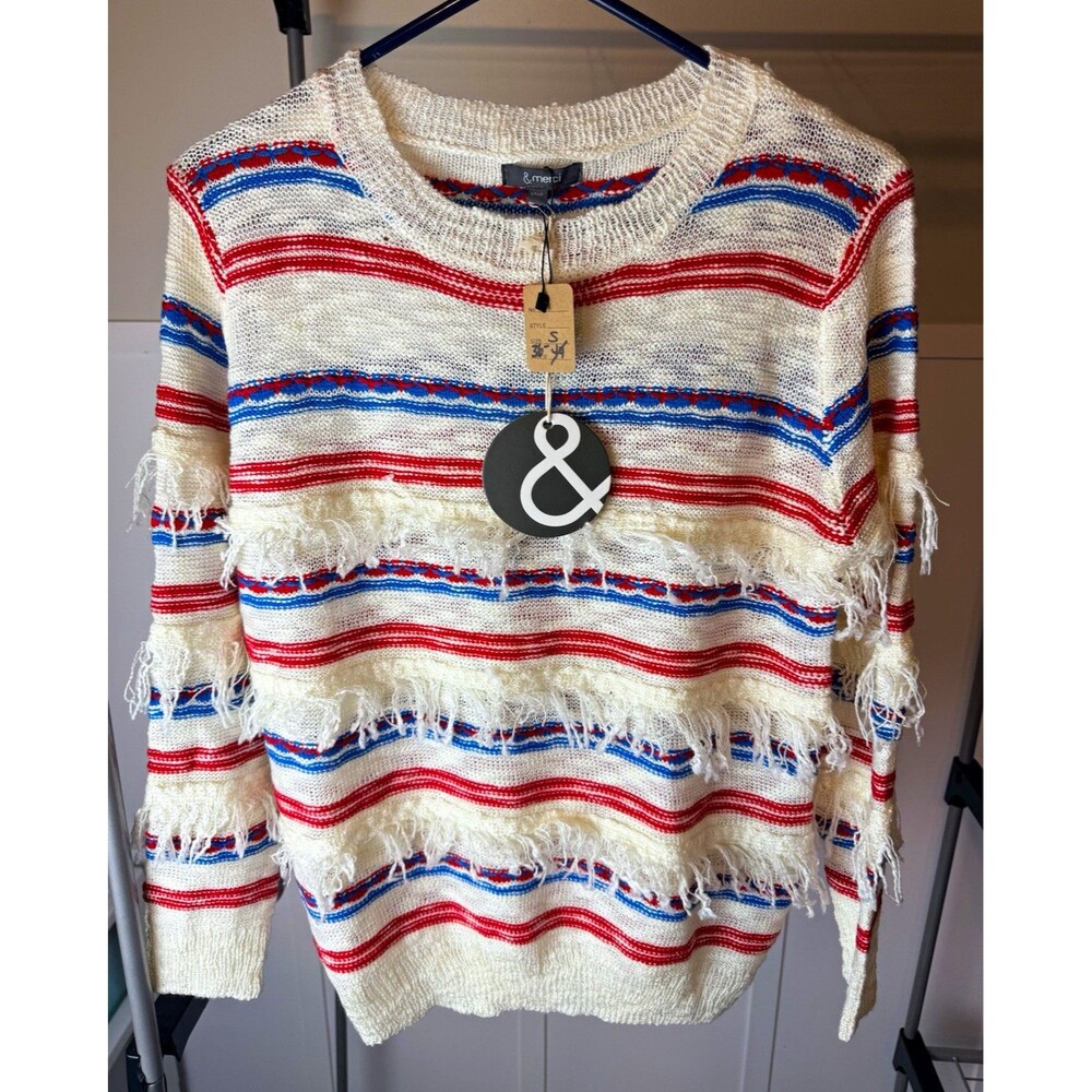 &merci Women’s S Fringe Knit Sweater Red White Blue Striped Americana NWT